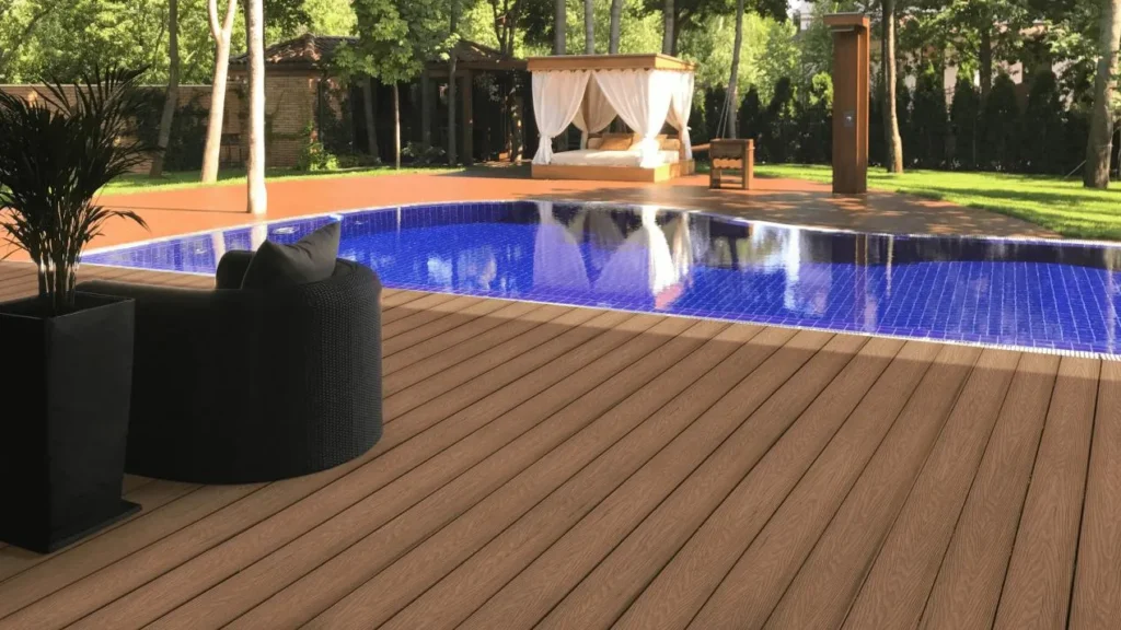 oakio elashield composite deck board alongside the swimming pool